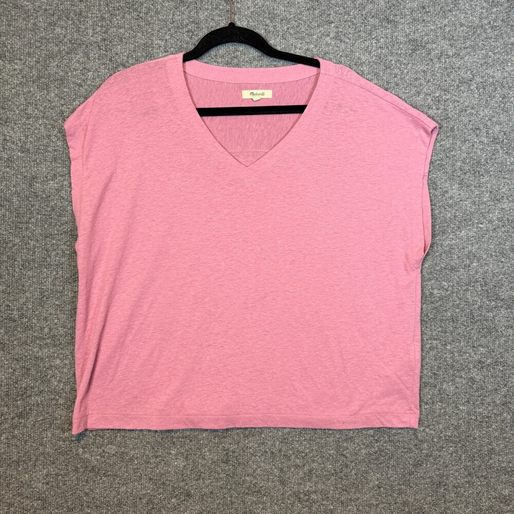 Madewell Shirt Womens XL Pink Vneck‎ Short Sleeve Flowy Linen Blend Boho
